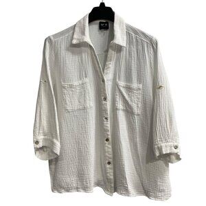 No 11 Los Angeles Top Women L White Textured Cotton Button Down Lagenlook Beach